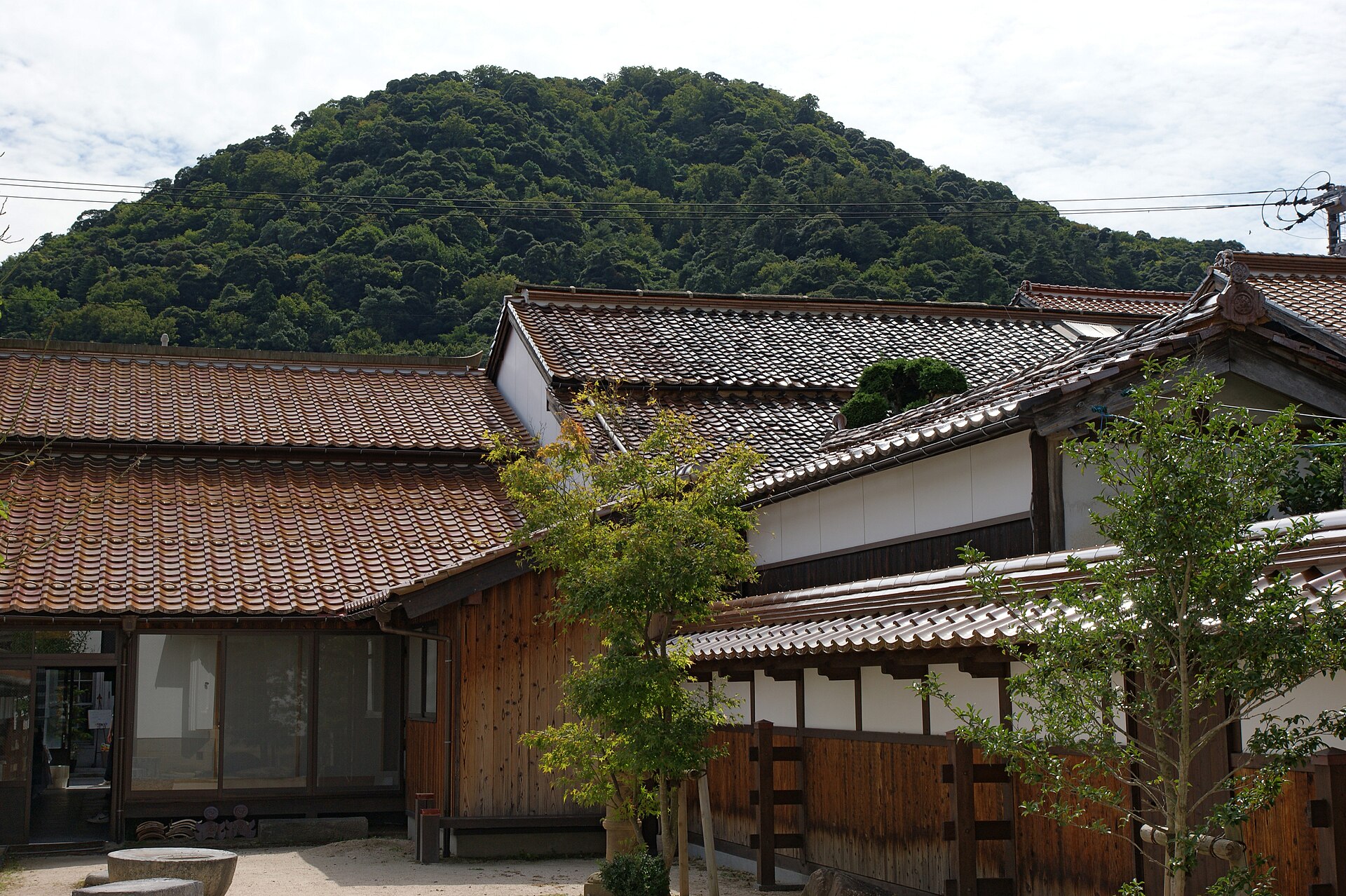 赤瓦の屋根並みの向こうに打吹山